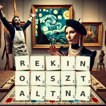 Kreatywna ilustracja do gry w Scrabble ze słowem REKINOKSZTALTNA ułożonym z płytek na planszy.