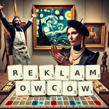 Kreatywna ilustracja do gry w Scrabble ze słowem REKLAMOWCÓW ułożonym z płytek na planszy.