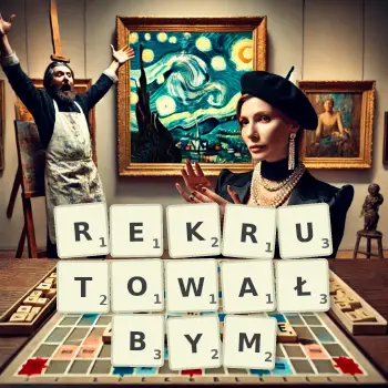 Kreatywna ilustracja do gry w Scrabble ze słowem REKRUTOWAŁBYM ułożonym z płytek na planszy.