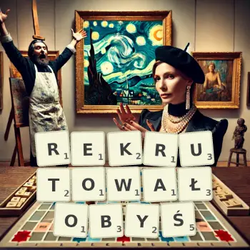 Kreatywna ilustracja do gry w Scrabble ze słowem REKRUTOWAŁOBYŚ ułożonym z płytek na planszy.