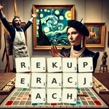 Kreatywna ilustracja do gry w Scrabble ze słowem REKUPERACJACH ułożonym z płytek na planszy.