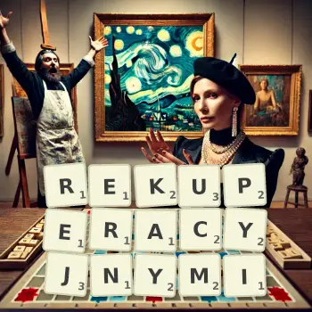 Kreatywna ilustracja do gry w Scrabble ze słowem REKUPERACYJNYMI ułożonym z płytek na planszy.
