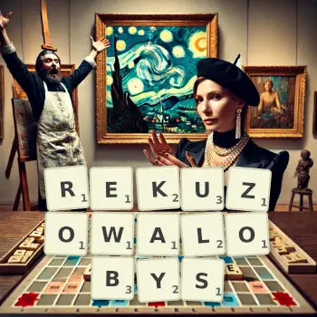 Kreatywna ilustracja do gry w Scrabble ze słowem REKUZOWALOBYS ułożonym z płytek na planszy.