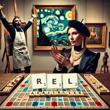 Kreatywna ilustracja do gry w Scrabble ze słowem REL ułożonym z płytek na planszy.