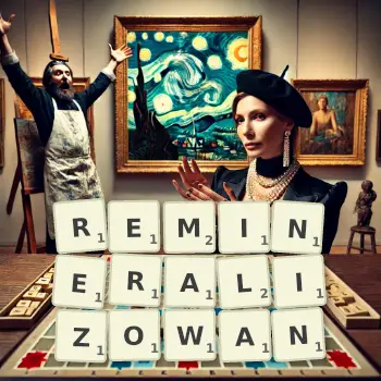 Kreatywna ilustracja do gry w Scrabble ze słowem REMINERALIZOWAN ułożonym z płytek na planszy.