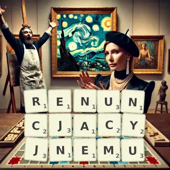 Kreatywna ilustracja do gry w Scrabble ze słowem RENUNCJACYJNEMU ułożonym z płytek na planszy.