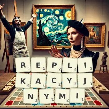 Kreatywna ilustracja do gry w Scrabble ze słowem REPLIKACYJNYMI ułożonym z płytek na planszy.