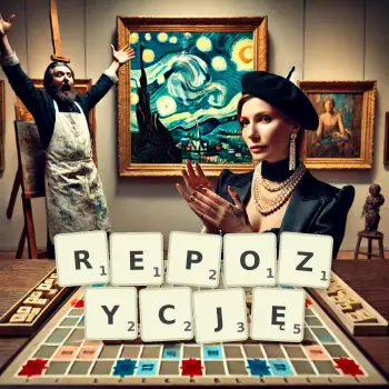 Kreatywna ilustracja do gry w Scrabble ze słowem REPOZYCJĘ ułożonym z płytek na planszy.