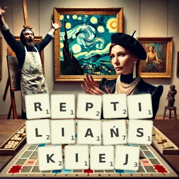Kreatywna ilustracja do gry w Scrabble ze słowem REPTILIAŃSKIEJ ułożonym z płytek na planszy.