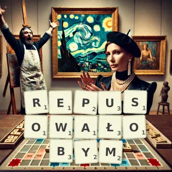 Kreatywna ilustracja do gry w Scrabble ze słowem REPUSOWAŁOBYM ułożonym z płytek na planszy.