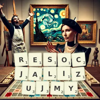 Kreatywna ilustracja do gry w Scrabble ze słowem RESOCJALIZUJMY ułożonym z płytek na planszy.