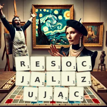 Kreatywna ilustracja do gry w Scrabble ze słowem RESOCJALIZUJĄC ułożonym z płytek na planszy.