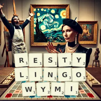 Kreatywna ilustracja do gry w Scrabble ze słowem RESTYLINGOWYMI ułożonym z płytek na planszy.