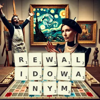 Kreatywna ilustracja do gry w Scrabble ze słowem REWALIDOWANYM ułożonym z płytek na planszy.