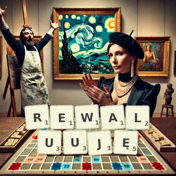 Kreatywna ilustracja do gry w Scrabble ze słowem REWALUUJĘ ułożonym z płytek na planszy.