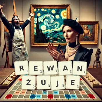 Kreatywna ilustracja do gry w Scrabble ze słowem REWANŻUJE ułożonym z płytek na planszy.