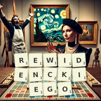 Kreatywna ilustracja do gry w Scrabble ze słowem REWIDENCKIEGO ułożonym z płytek na planszy.