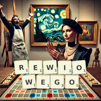 Kreatywna ilustracja do gry w Scrabble ze słowem REWIOWEGO ułożonym z płytek na planszy.