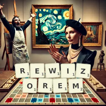 Kreatywna ilustracja do gry w Scrabble ze słowem REWIZOREM ułożonym z płytek na planszy.