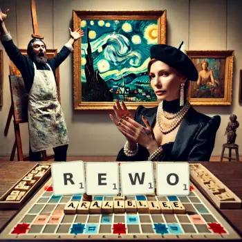 Kreatywna ilustracja do gry w Scrabble ze słowem REWO ułożonym z płytek na planszy.