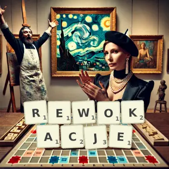 Kreatywna ilustracja do gry w Scrabble ze słowem REWOKACJE ułożonym z płytek na planszy.