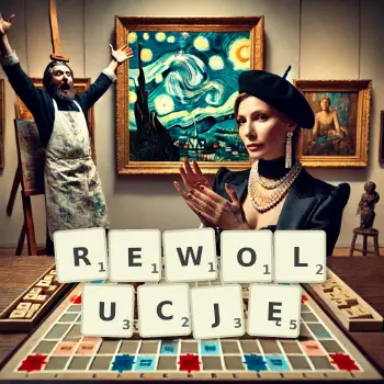 Kreatywna ilustracja do gry w Scrabble ze słowem REWOLUCJĘ ułożonym z płytek na planszy.