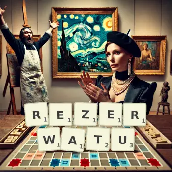Kreatywna ilustracja do gry w Scrabble ze słowem REZERWATU ułożonym z płytek na planszy.