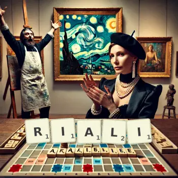 Kreatywna ilustracja do gry w Scrabble ze słowem RIALI ułożonym z płytek na planszy.