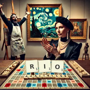 Kreatywna ilustracja do gry w Scrabble ze słowem RIO ułożonym z płytek na planszy.