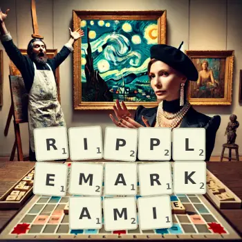 Kreatywna ilustracja do gry w Scrabble ze słowem RIPPLEMARKAMI ułożonym z płytek na planszy.