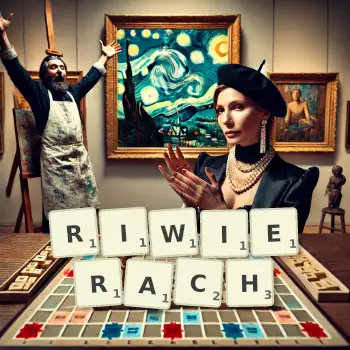 Kreatywna ilustracja do gry w Scrabble ze słowem RIWIERACH ułożonym z płytek na planszy.