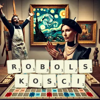 Kreatywna ilustracja do gry w Scrabble ze słowem ROBOLSKOSCI ułożonym z płytek na planszy.