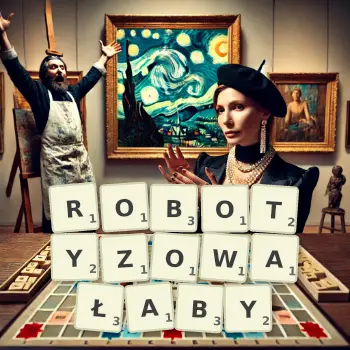 Kreatywna ilustracja do gry w Scrabble ze słowem ROBOTYZOWAŁABY ułożonym z płytek na planszy.