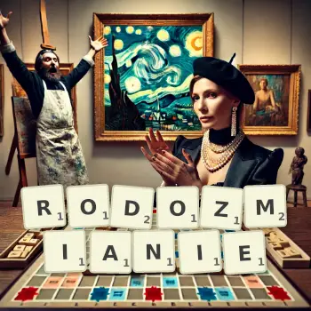 Kreatywna ilustracja do gry w Scrabble ze słowem RODOZMIANIE ułożonym z płytek na planszy.