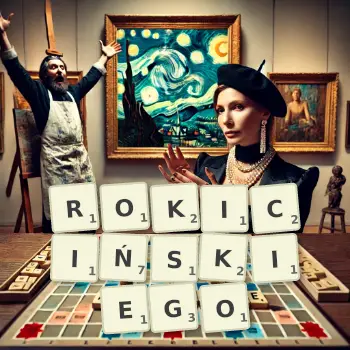 Kreatywna ilustracja do gry w Scrabble ze słowem ROKICIŃSKIEGO ułożonym z płytek na planszy.