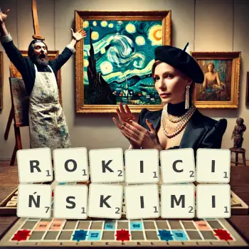 Kreatywna ilustracja do gry w Scrabble ze słowem ROKICIŃSKIMI ułożonym z płytek na planszy.