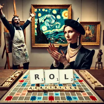 Kreatywna ilustracja do gry w Scrabble ze słowem ROL ułożonym z płytek na planszy.