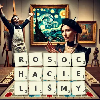 Kreatywna ilustracja do gry w Scrabble ze słowem ROSOCHACIELIŚMY ułożonym z płytek na planszy.