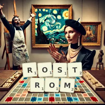 Kreatywna ilustracja do gry w Scrabble ze słowem ROSTROM ułożonym z płytek na planszy.