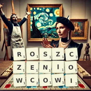 Kreatywna ilustracja do gry w Scrabble ze słowem ROSZCZENIOWCOWI ułożonym z płytek na planszy.