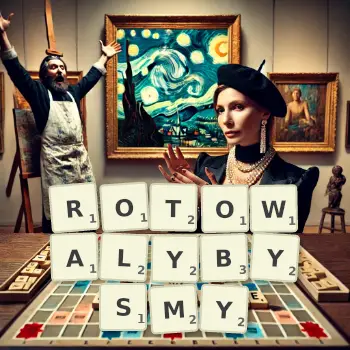 Kreatywna ilustracja do gry w Scrabble ze słowem ROTOWALYBYSMY ułożonym z płytek na planszy.