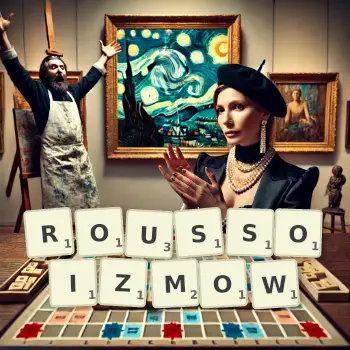 Kreatywna ilustracja do gry w Scrabble ze słowem ROUSSOIZMOW ułożonym z płytek na planszy.