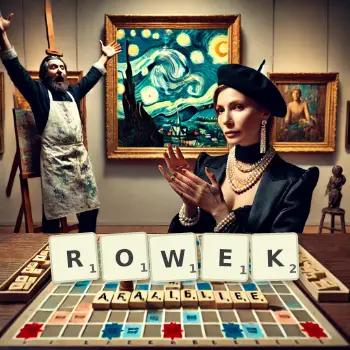 Kreatywna ilustracja do gry w Scrabble ze słowem ROWEK ułożonym z płytek na planszy.