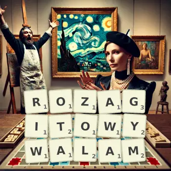 Kreatywna ilustracja do gry w Scrabble ze słowem ROZAGITOWYWALAM ułożonym z płytek na planszy.