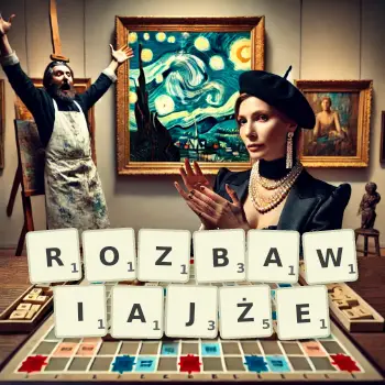 Kreatywna ilustracja do gry w Scrabble ze słowem ROZBAWIAJŻE ułożonym z płytek na planszy.