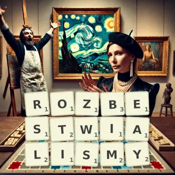 Kreatywna ilustracja do gry w Scrabble ze słowem ROZBESTWIALISMY ułożonym z płytek na planszy.