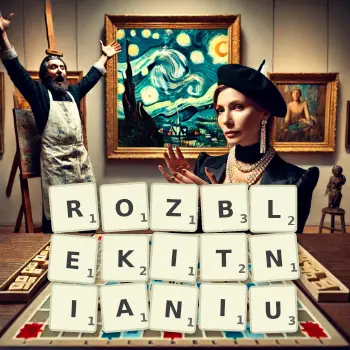 Kreatywna ilustracja do gry w Scrabble ze słowem ROZBLEKITNIANIU ułożonym z płytek na planszy.
