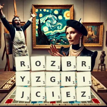 Kreatywna ilustracja do gry w Scrabble ze słowem ROZBRYZGNIJCIEZ ułożonym z płytek na planszy.