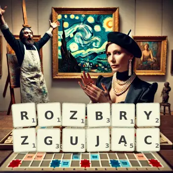 Kreatywna ilustracja do gry w Scrabble ze słowem ROZBRYZGUJĄC ułożonym z płytek na planszy.