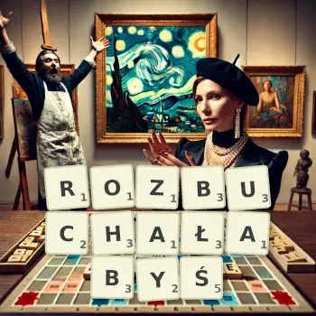 Kreatywna ilustracja do gry w Scrabble ze słowem ROZBUCHAŁABYŚ ułożonym z płytek na planszy.